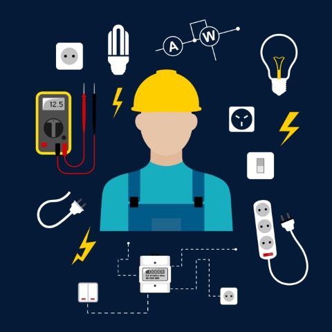 Professional electrician concept with electric man in yellow hard hat with electrical household supplies, electric tools and equipments symbols on dark blue background for profession or industry design